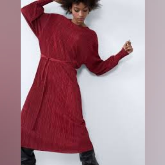 Zara small burgundy plisse midi dress - Picture 3 of 8
